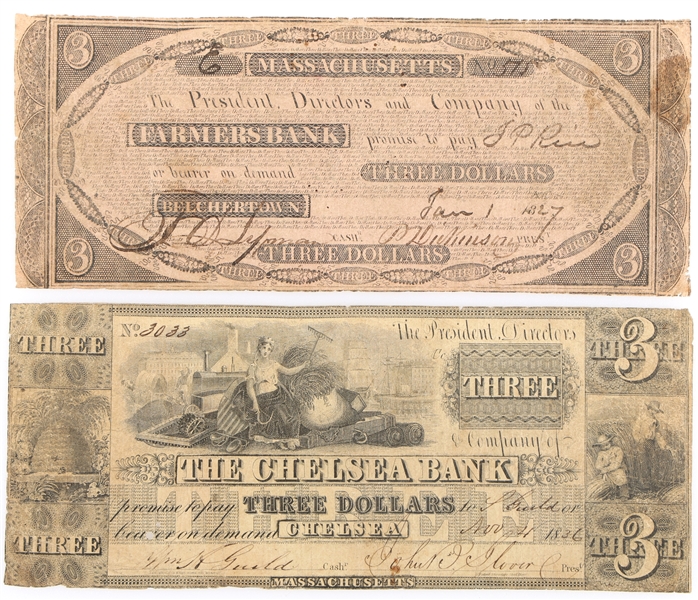 EARLY 1800s $3 MASSACHUSETTS OBSOLETE BANKNOTES