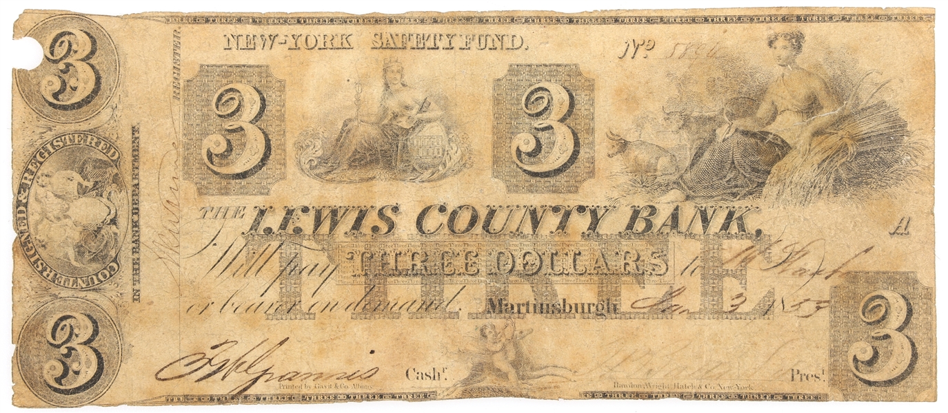 1853 $3 MARTINSBURG NY LEWIS COUNTY BANK OBSOLETE NOTE