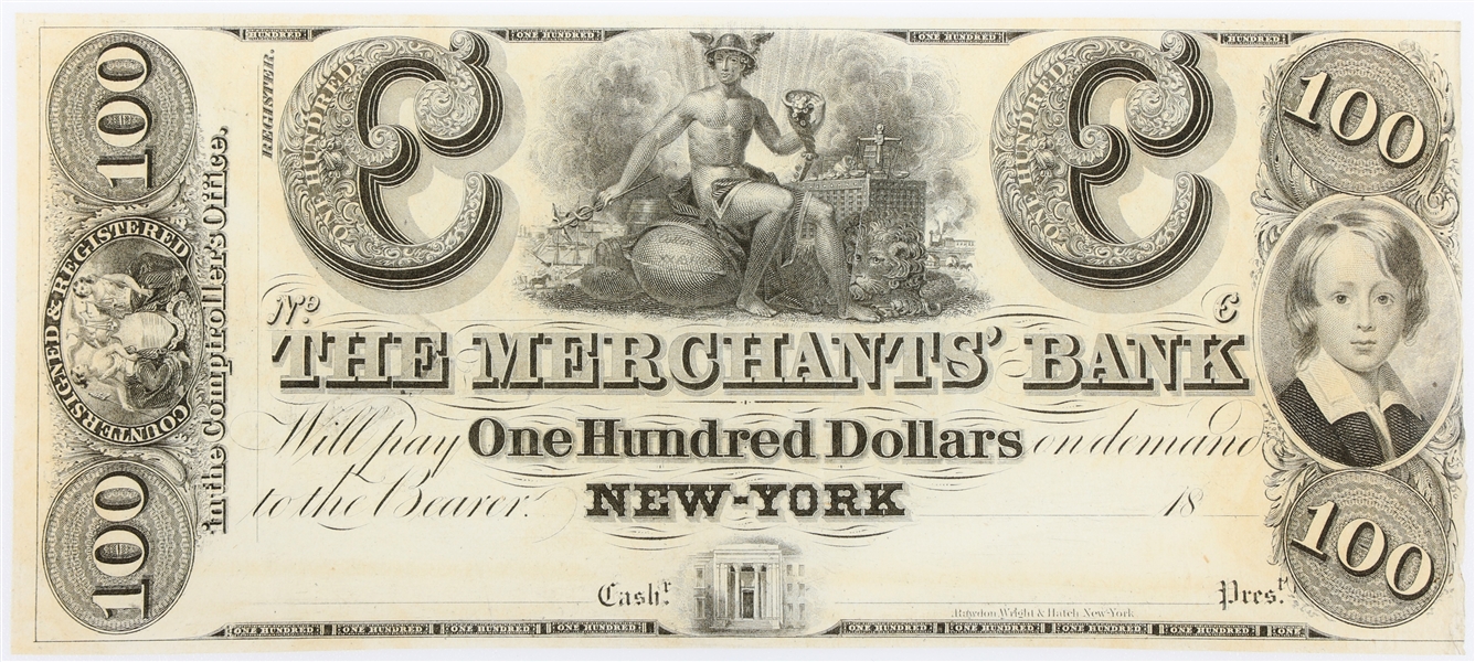 1800s $100 NEW YORK NY MERCHANTS BANK REMAINDER NOTE
