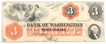 1800s $3 BANK OF WASHINGTON NC OBSOLETE REMAINDER NOTE
