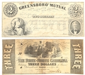 1860s $2 $3 NORTH CAROLINA OBSOLETE BANKNOTES