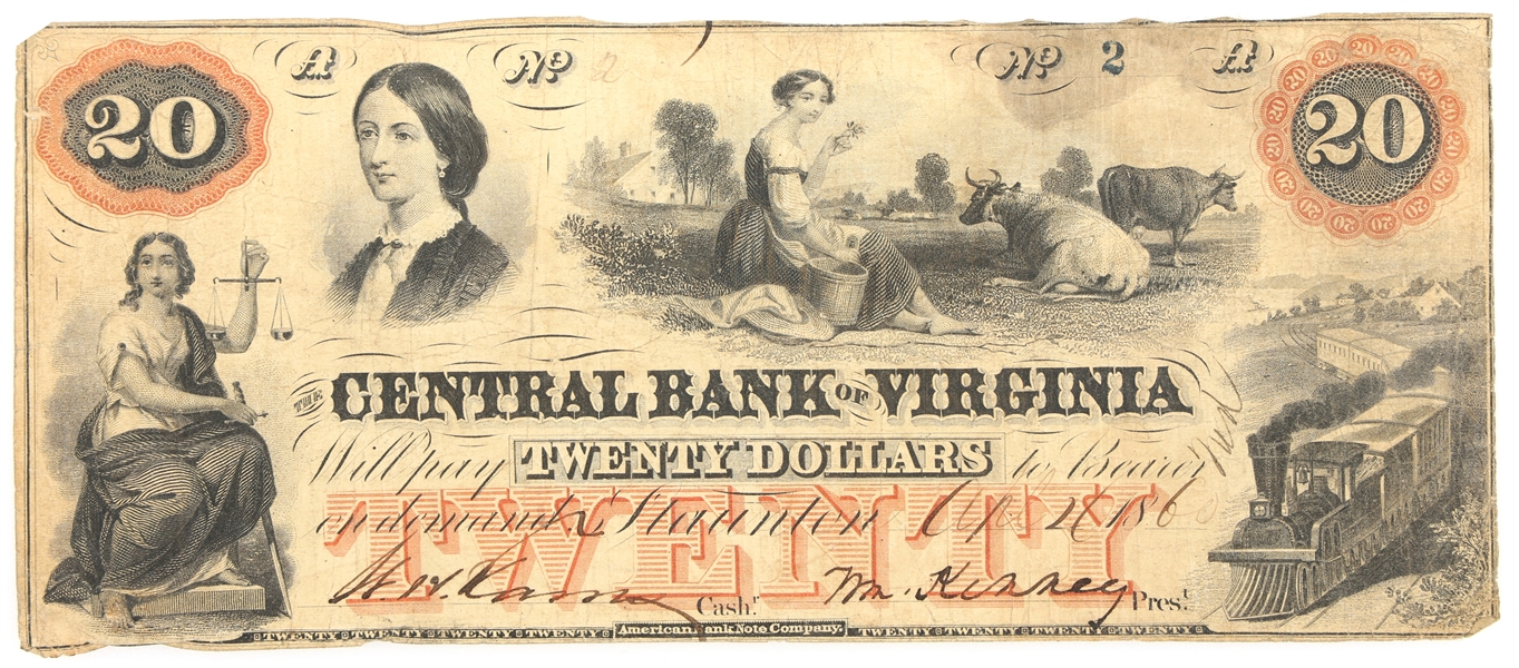 1860 $20 STAUNTON CENTRAL BANK OF VA NOTE SERIAL NO. 2