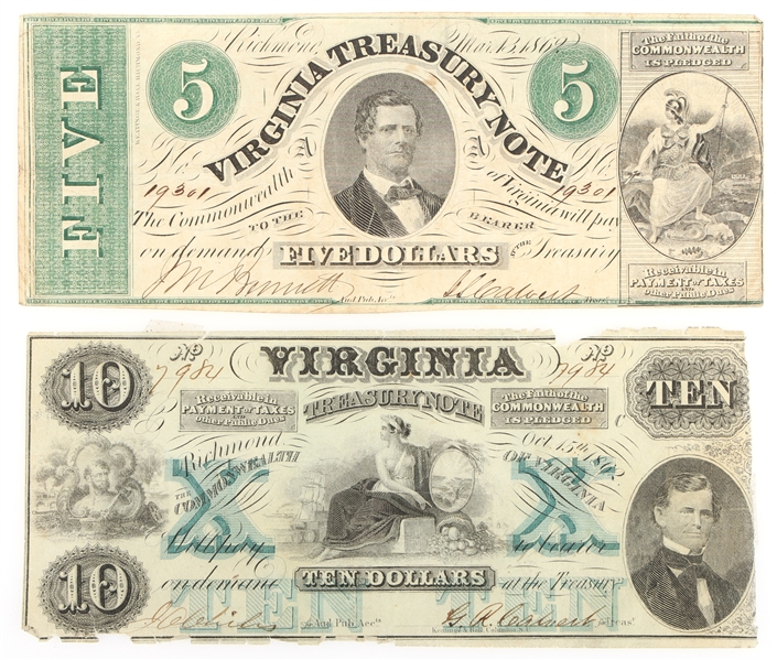 1862 $5 $10 RICHMOND VIRGINIA TREASURY NOTES 