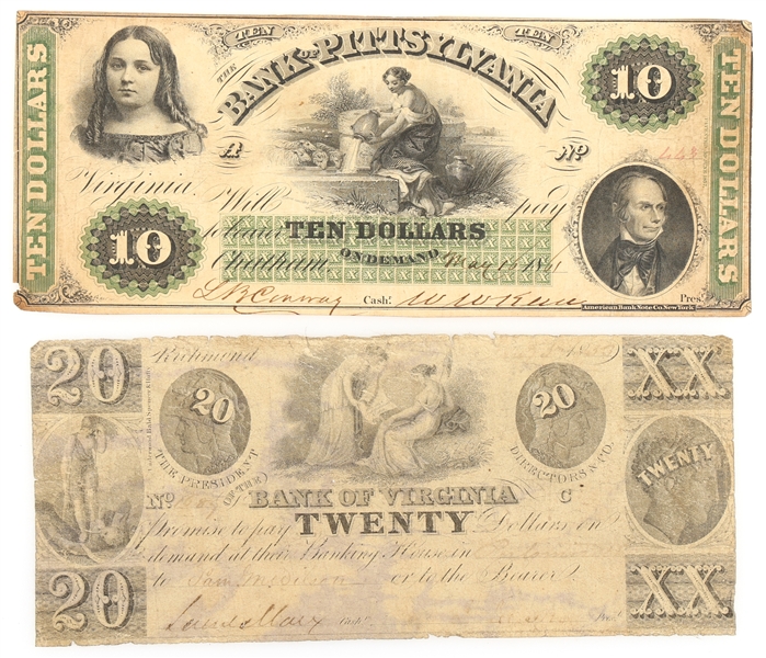 1850s - 60s $10 $20 VIRGINIA OBSOLETE BANKNOTES