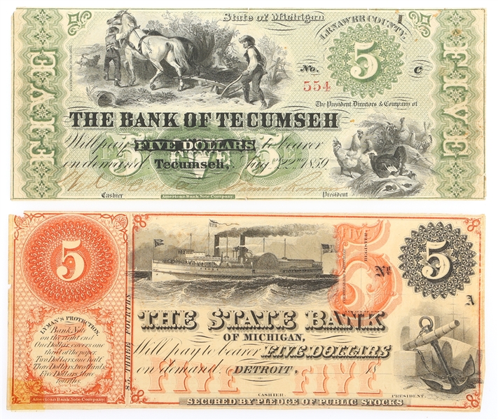 1800s $5 MICHIGAN OBSOLETE BANKNOTES