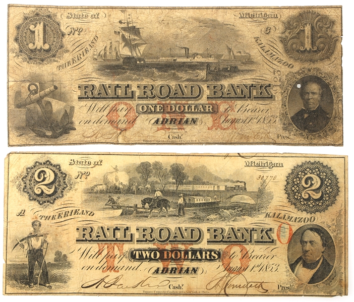 1853 $1 $2 ADRIAN MI ERIE KALAMAZOO RAILROAD BANK NOTES