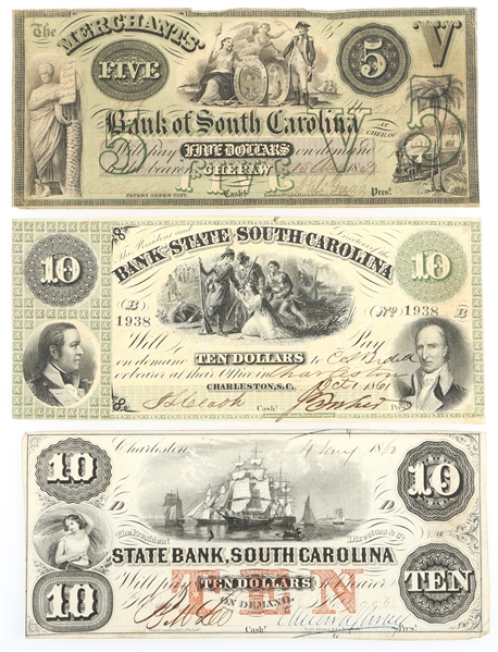 1850s - 60s $5 $10 SOUTH CAROLINA OBSOLETE BANKNOTES
