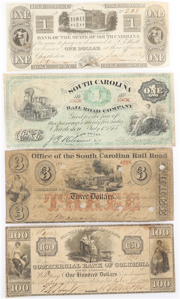 1800s SOUTH CAROLINA OBSOLETE $1 $3 $100 BANKNOTES