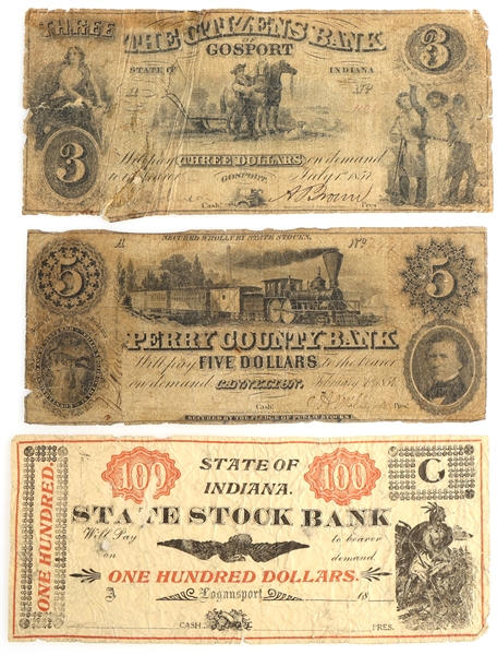 1800s INDIANA OBSOLETE $3 $5 $100 BANKNOTES