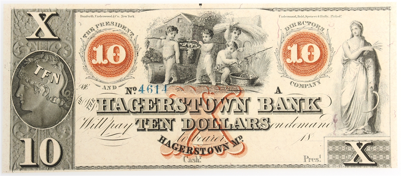 1800s $10 MARYLAND HAGERSTOWN BANK REMAINDER NOTE