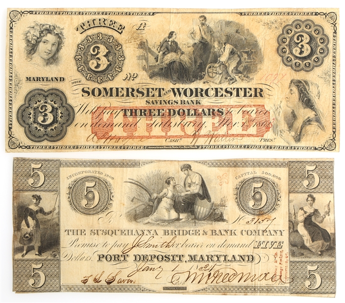 1800s $3 $5 MARYLAND OBSOLETE BANKNOTES