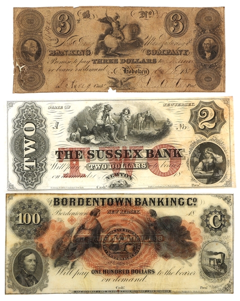 1800s NEW JERSEY $2 $3 $100 OBSOLETE BANKNOTES