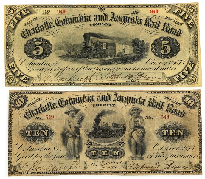 1873 $5 $10 CHARLOTTE COLUMBIA & AUGUSTA RAILROAD NOTES