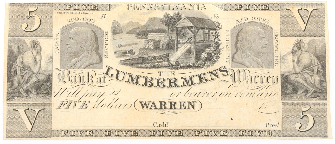 1800s $5 WARREN PA LUMBERMENS BANK REMAINDER NOTE