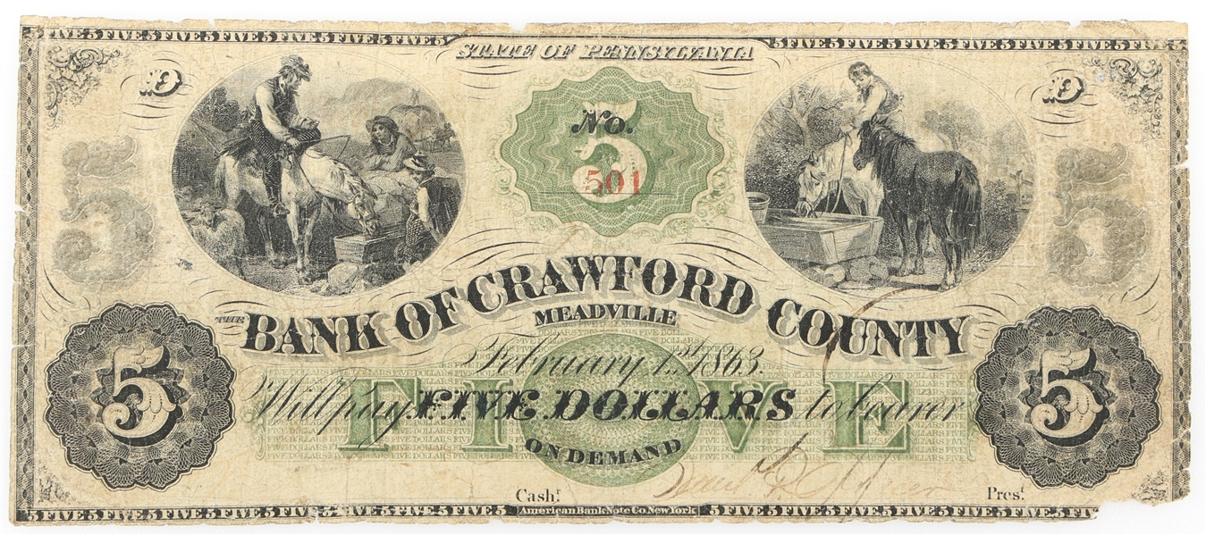1863 $5 MEADVILLE PA BANK OF CRAWFORD COUNTY BANKNOTE