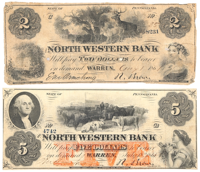 1860s $2 $5 WARREN PA NORTH WESTERN BANK OBSOLETE NOTES