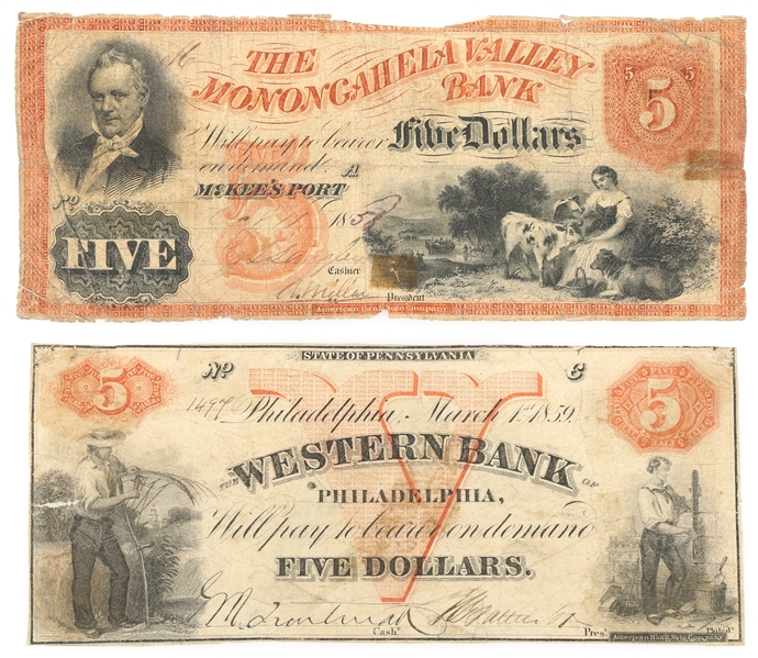 1850s $5 PENNSYLVANIA OBSOLETE BANKNOTES