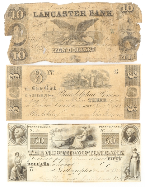 1800s PENNSYLVANIA $3 $10 $50 OBSOLETE BANKNOTES