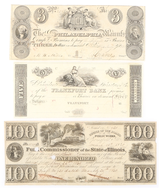 1800s US OBSOLETE $3 $5 $100 BANKNOTES 