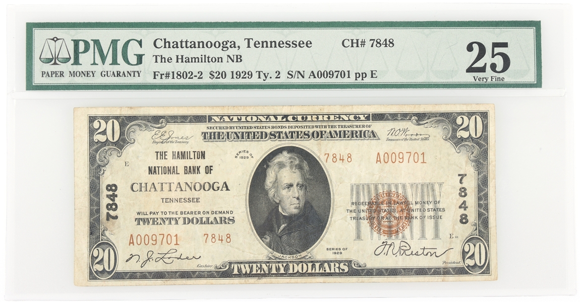 1929 US $20 HAMILTON NATL BANK CHATTANOOGA TN NOTE PMG