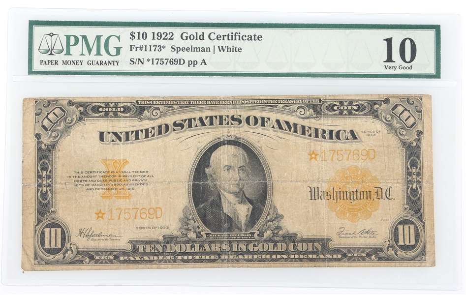 1922 $10 US GOLD CERTIFICATE Fr.1173* NOTE PMG GRADED