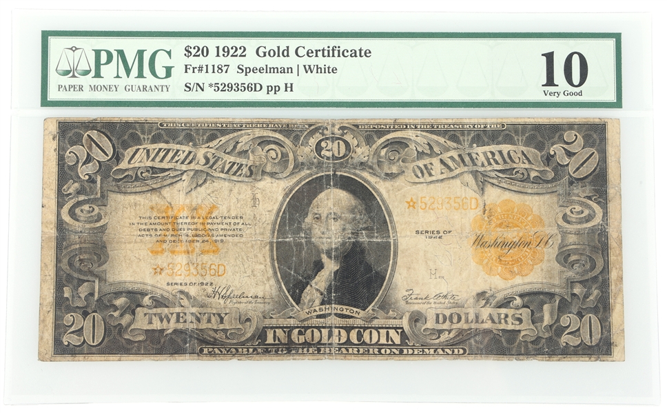 1922 $20 US GOLD CERTIFICATE Fr*1187 SPEELMAN-WHITE PMG