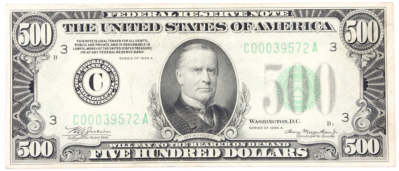 1934-A US PHILADELPHIA $500 FEDERAL RESERVE NOTE