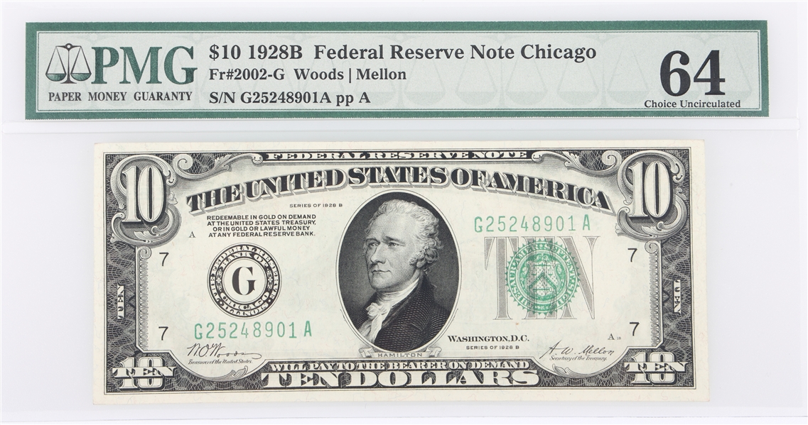 1928B US CHICAGO $10 FED RESERVE NOTE PMG CHOICE UNC 64