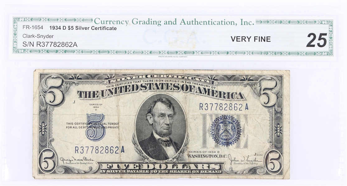 1934-D US $5 SILVER CERTIFICATE NOTE CGA GRADED VF25