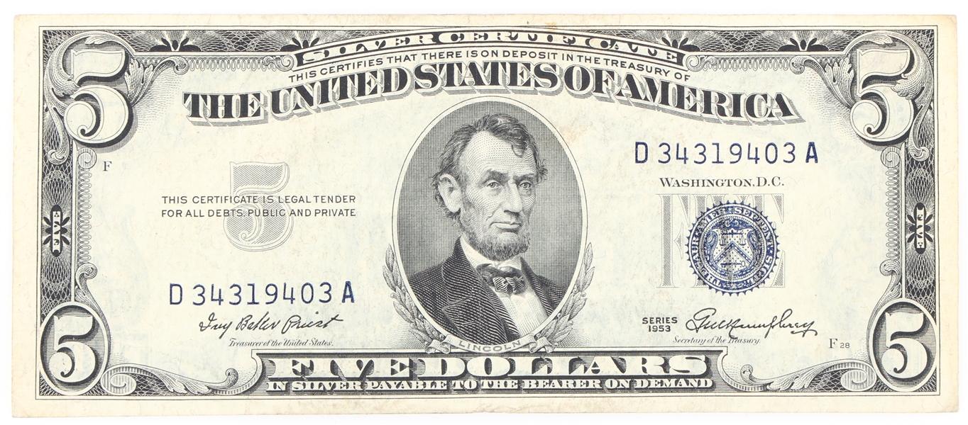1953 US $5 BLUE SEAL SILVER CERTIFICATE NOTE