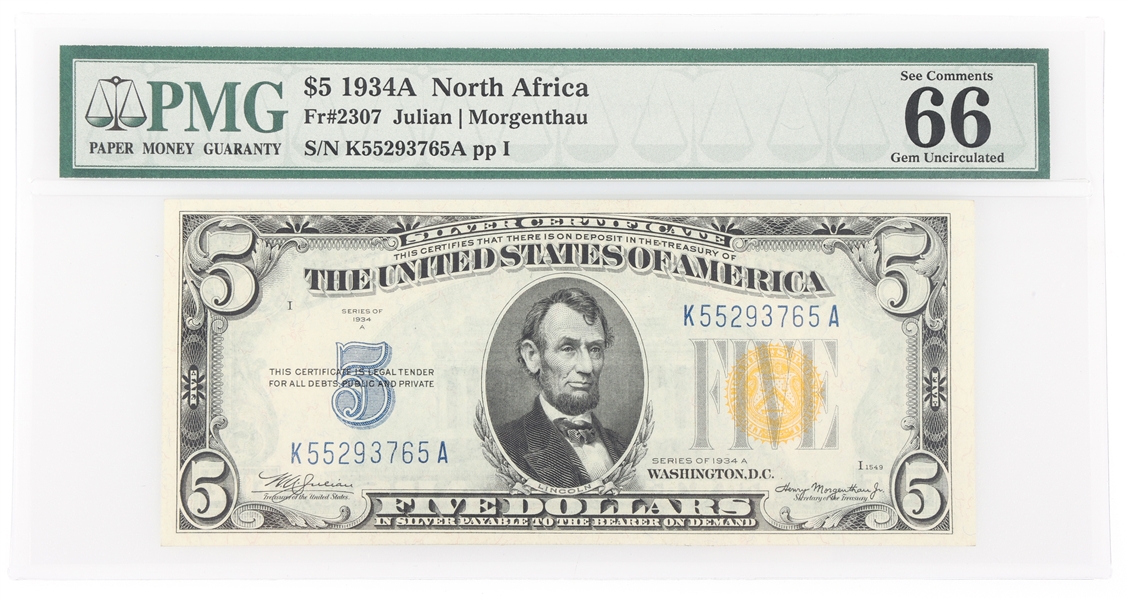 1934A $5 N AFRICA WWII EMERGENCY ISSUE NOTE Fr.2307 PMG