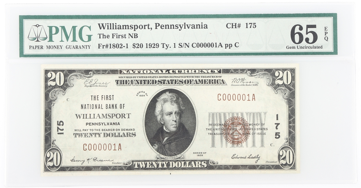 SERIAL #1 1929 $20 FIRST NATL BANK WILLIAMSPORT PA NOTE