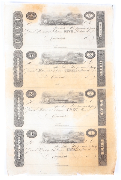1800s CINCINNATI OHIO REMAINDER $1 $2 $3 $5 UNCUT SHEET