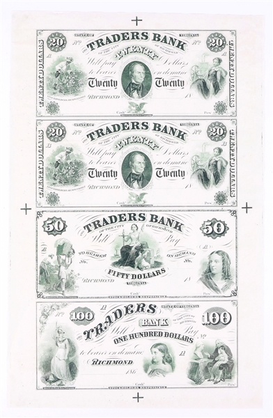 1860s RICHMOND, VA TRADERS BANK UNCUT SHEET NOTES