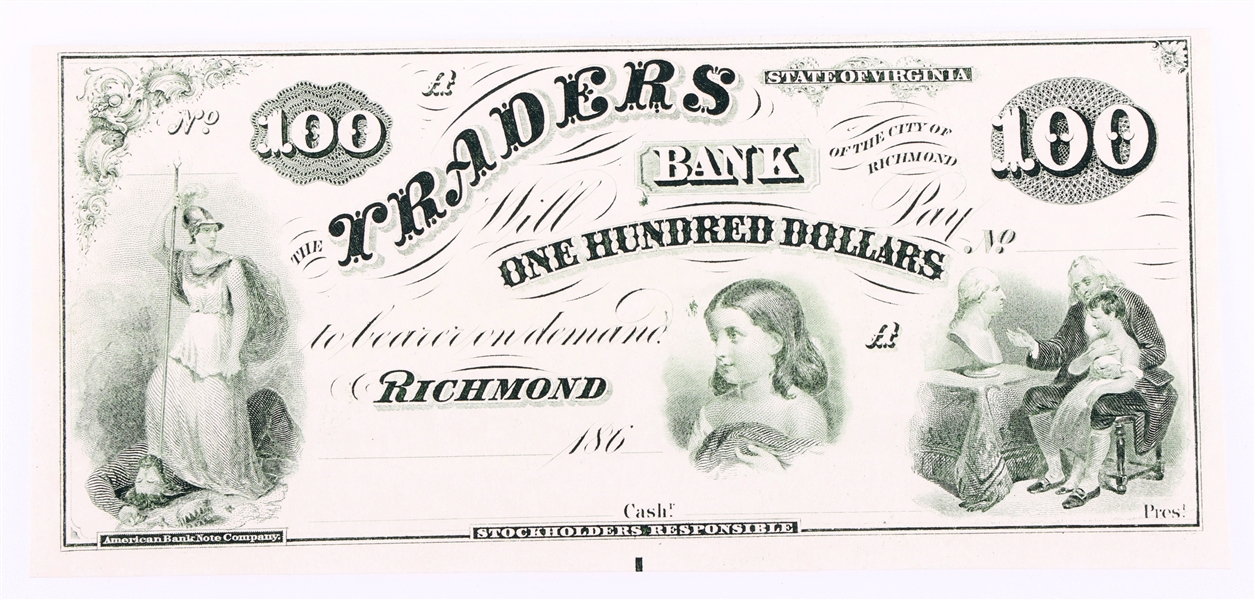 1860s $100 RICHMOND, VA TRADERS BANK REMAINDER NOTE