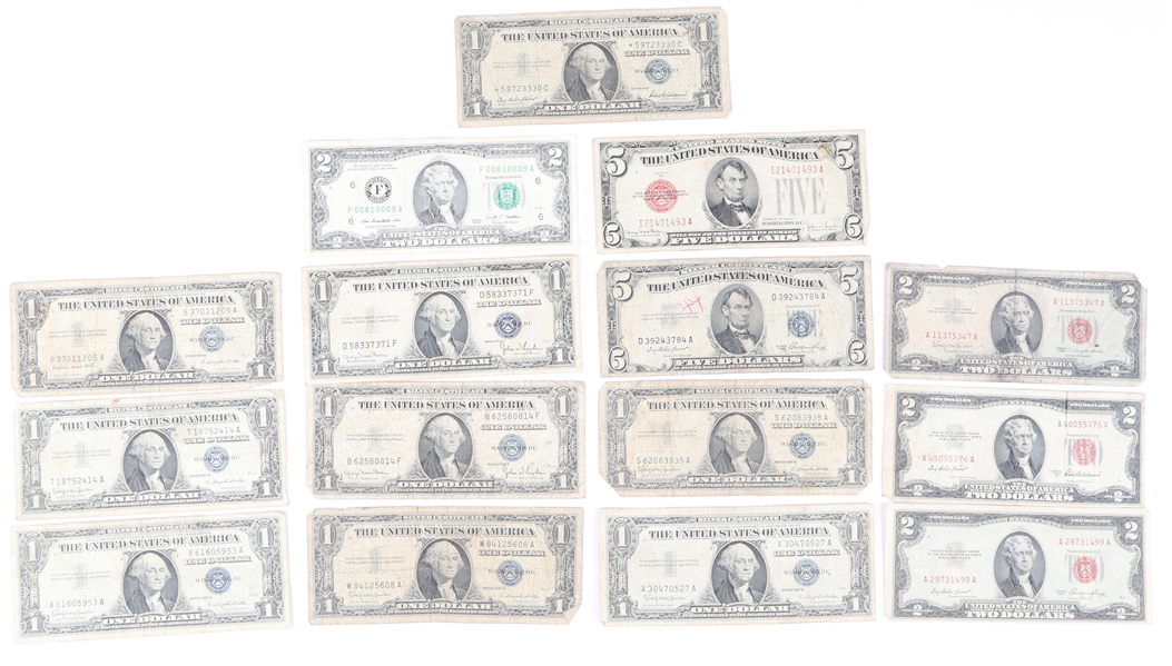 US CURRENCY $1, $2 & $5 - RED SEAL, SILVER CERTIFICATES
