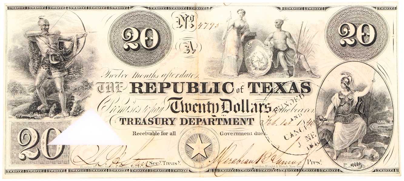 1840 $20 AUSTIN THE REPUBLIC OF TEXAS OBSOLETE BANKNOTE