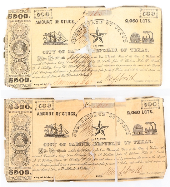 1839 $500 CITY OF SABINE, TX SEQUENTIAL STOCK CERTS