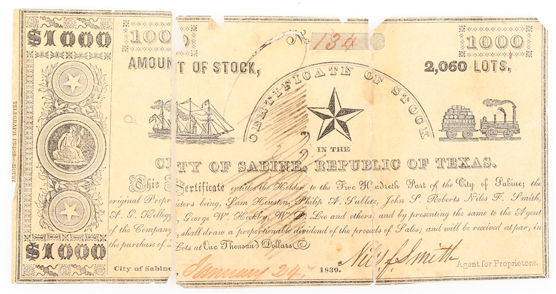 1839 $1000 CITY OF SABINE, TEXAS OBSOLETE STOCK CERT