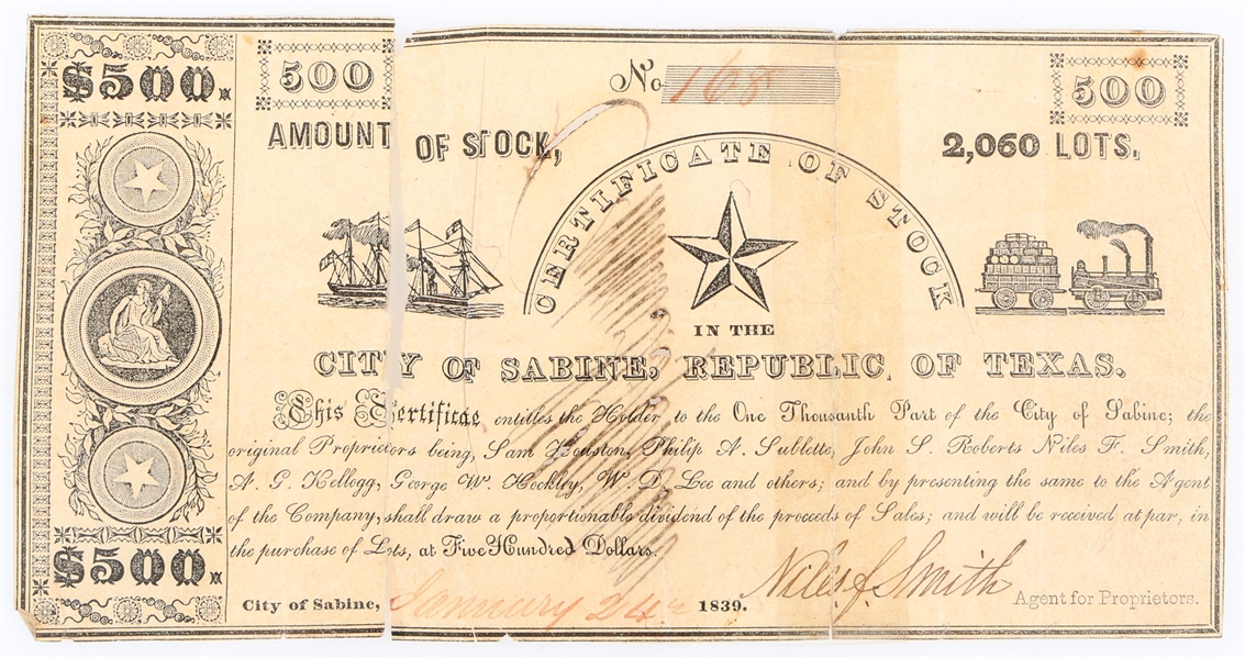 1839 $500 CITY OF SABINE, TEXAS OBSOLETE STOCK CERT