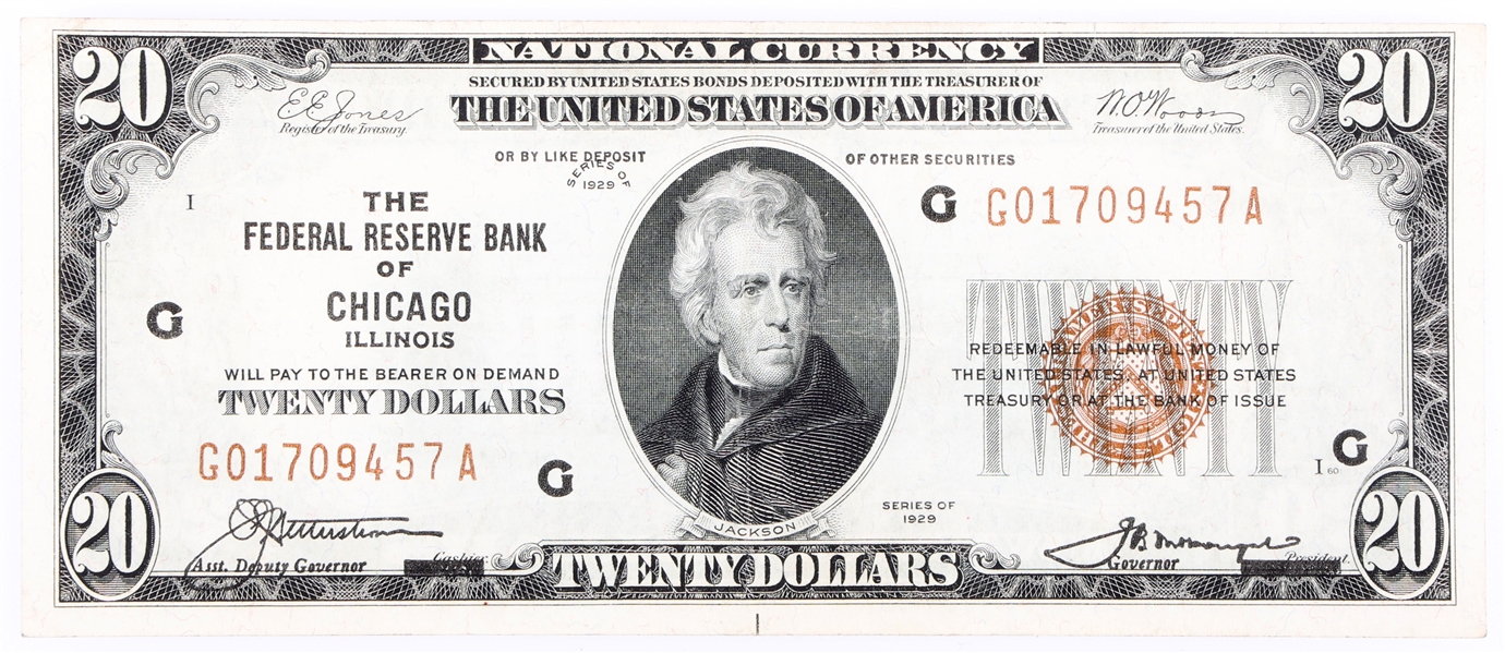 1929 US $20 FEDERAL RESERVE BANK CHICAGO, IL NOTE