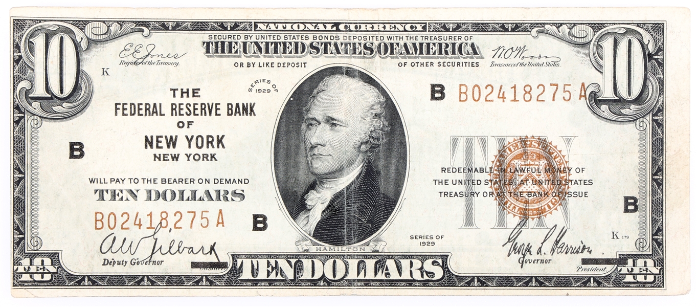 1929 US $10 FEDERAL RESERVE BANK OF NEW YORK, NY NOTE