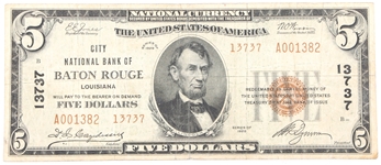 1929 $5 CITY NATL BANK BATON ROUGE LOUISIANA NOTE