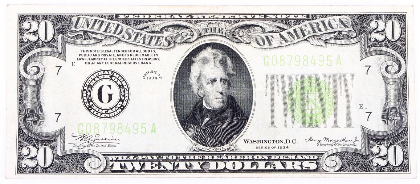 1934 $20 US LIGHT GREEN SEAL FEDERAL RESERVE NOTE