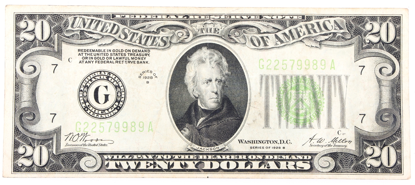 1928B $20 US LIGHT GREEN SEAL FEDERAL RESERVE NOTE