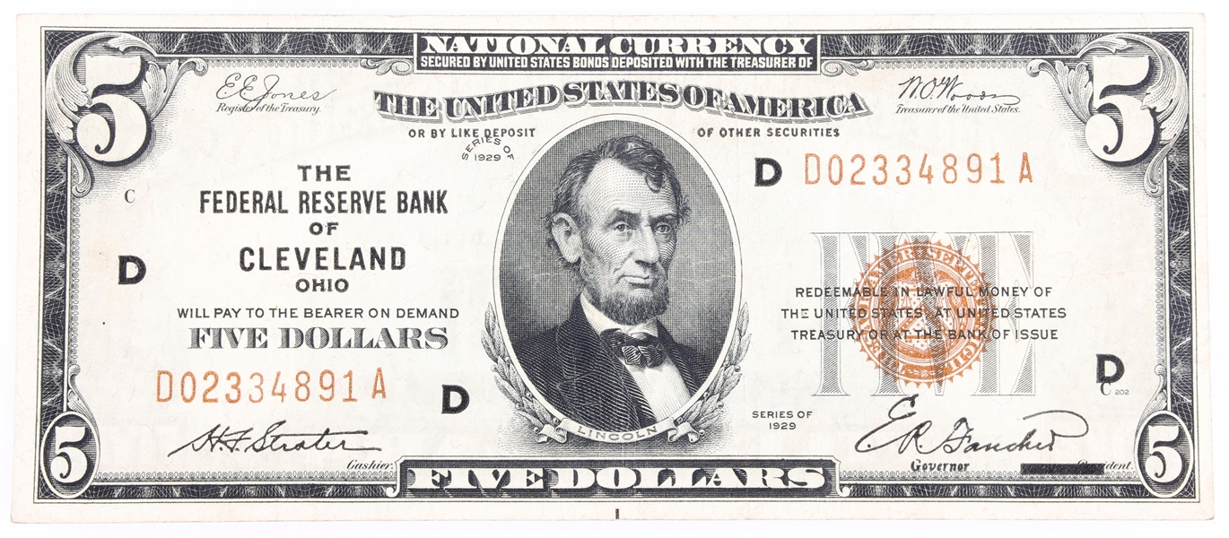 1929 $5 FEDERAL RESERVE BANK CLEVELAND OHIO NOTE
