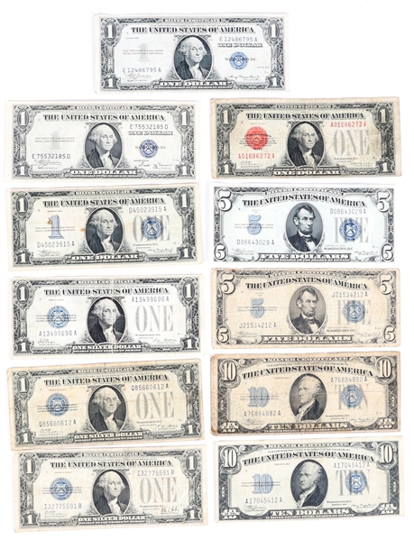 $1 $5 $10 US NOTES - SILVER CERTIFICATES, RED SEAL