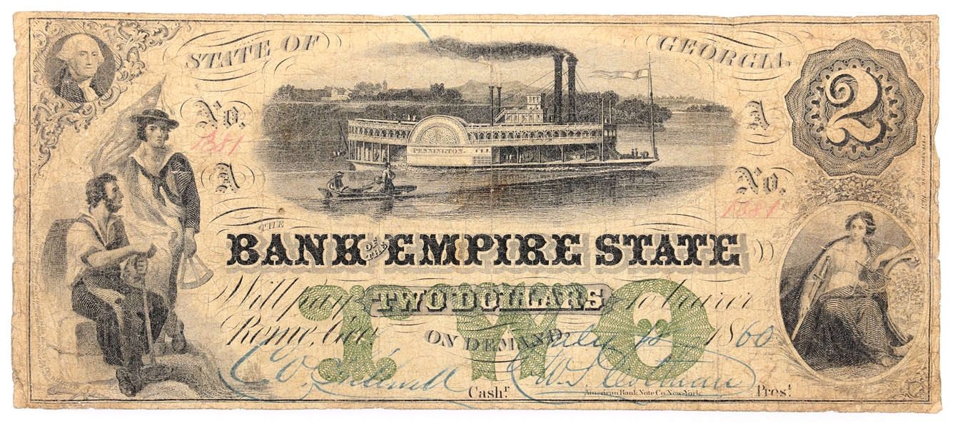 1860 $2 ROME GEORGIA BANK OF THE EMPIRE STATE BANKNOTE