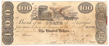 1833 $100 SAVANNAH BANK OF THE STATE OF GEORGIA NOTE