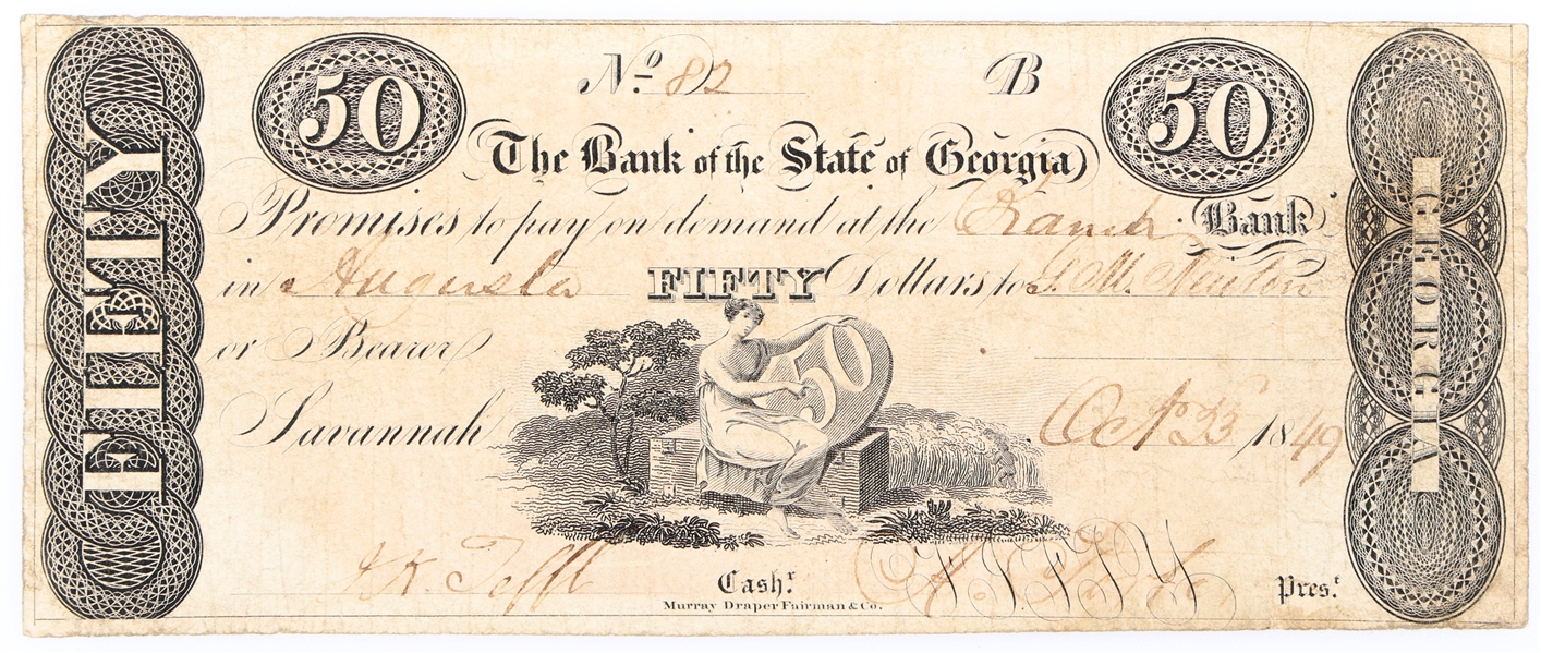 1849 $50 SAVANNAH BANK OF THE STATE OF GEORGIA NOTE
